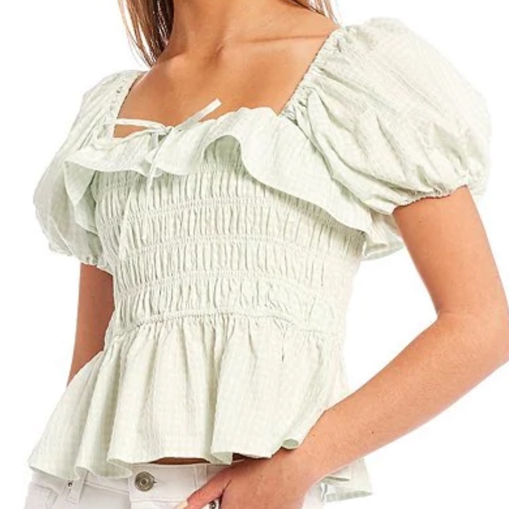 Antonio Melani Shayla Blouse Woven mint ivory shrugged puffy sleeves‎ top Sz L